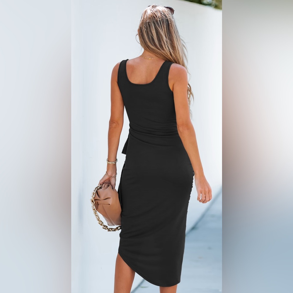 NWT Cupshe Knotted Wrap Midi Black Dress Sz Large - Picture 2 of 5